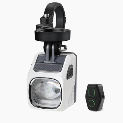 A Magicshine EVO 1700 bike light is shown mounted to a handlebar, highlighting its design. 
