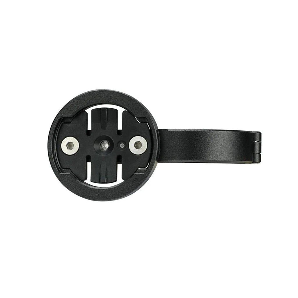 The Magicshine Garmin Aluminium Handlebar Mount is attached to a bicycle handlebar, providing a secure base for accessories.