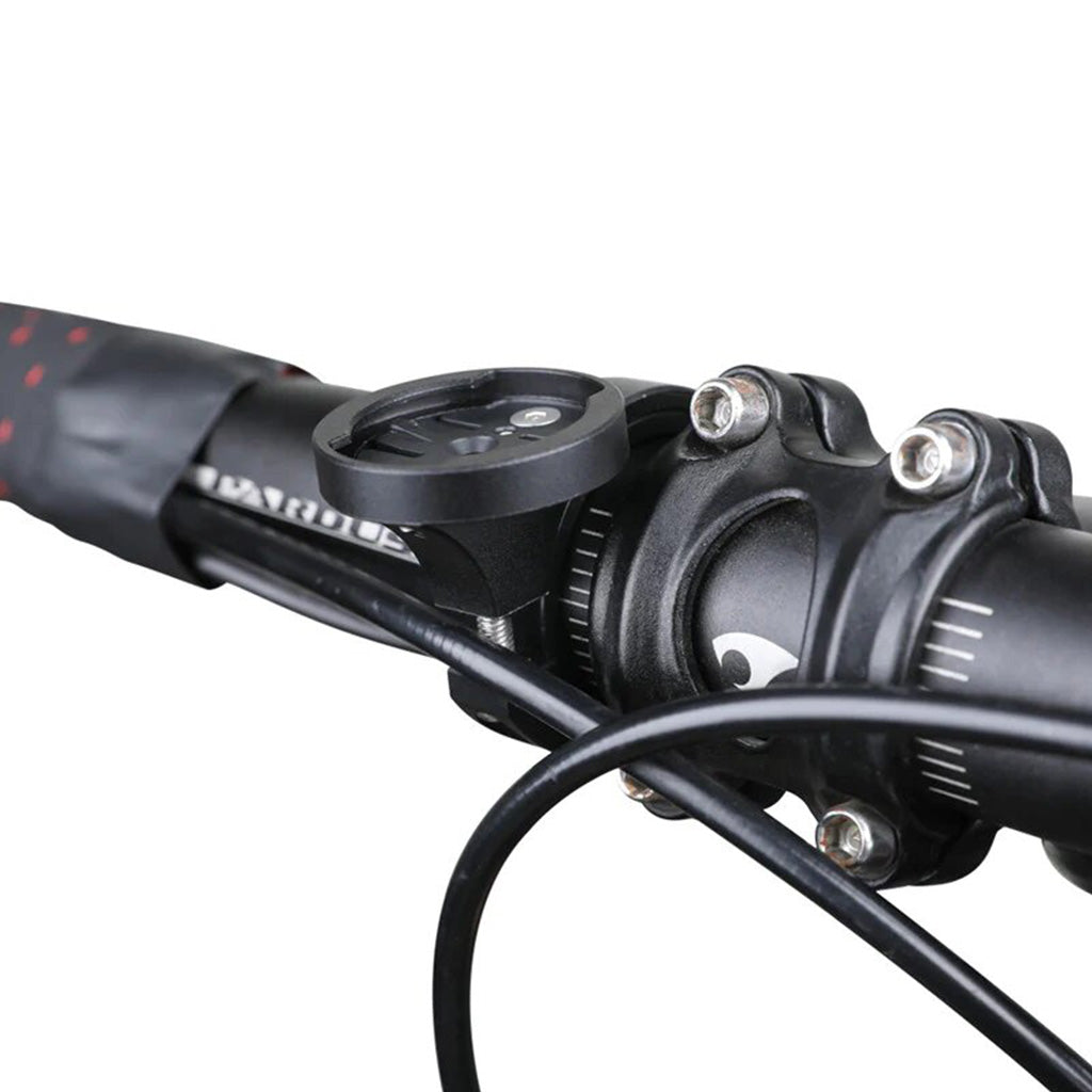 An angled view of the Magicshine Garmin Aluminium Handlebar Mount, showcasing its compatibility with Garmin devices and handlebar mounting.