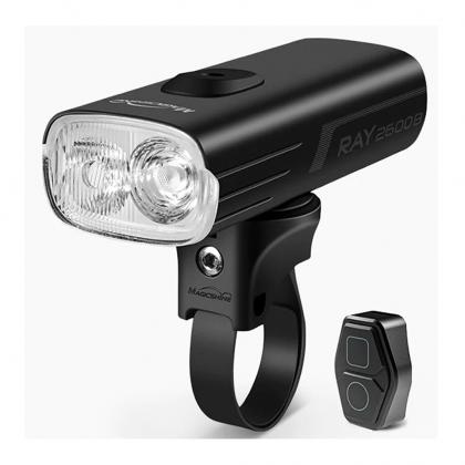 The Magicshine RAY 2600B light is mounted on bicycle handlebars, displaying its integrated design.
