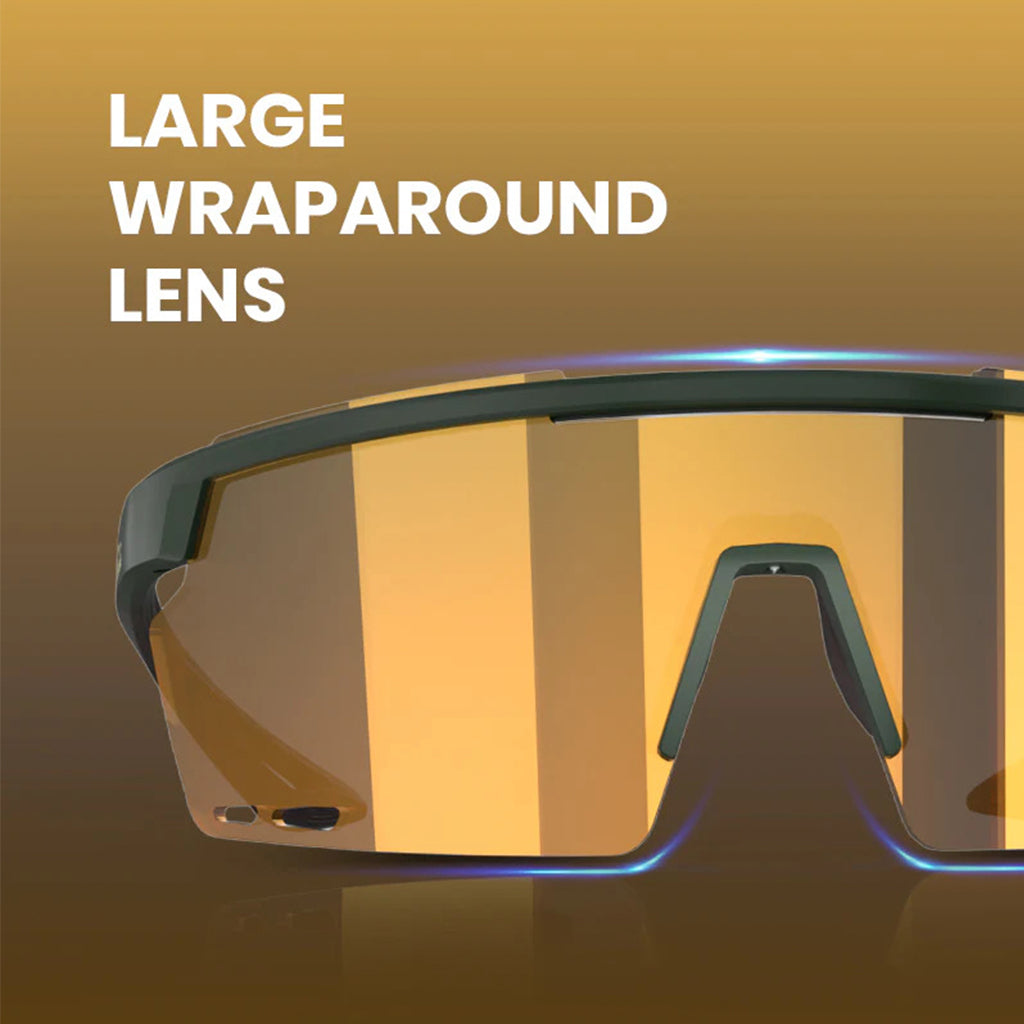 A side-angle close-up of the Magicshine Rouler Night Vision Sports Sunglasses, highlighting the enhanced ventilation system near the temple and lens.