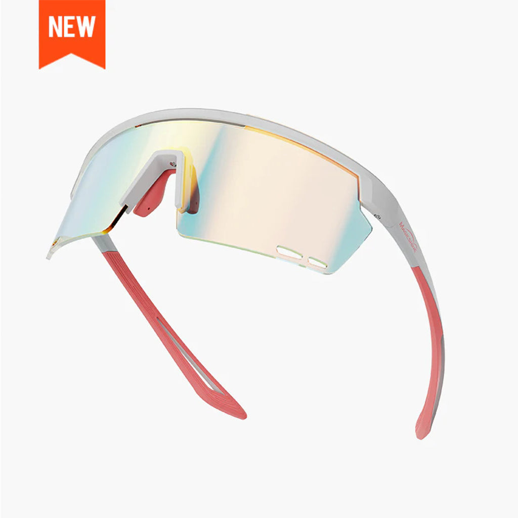 A pair of new Magicshine Rouler coated photochromic sports sunglasses with a white frame and pink accents on the temple tips. 