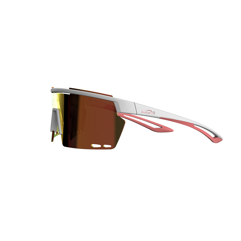 Side view of Magicshine_Rouler_Coated_Photochromic_Sunglasses- sports eyewear in White/Pink, highlighting its aerodynamic profile and premium construction for active use.
