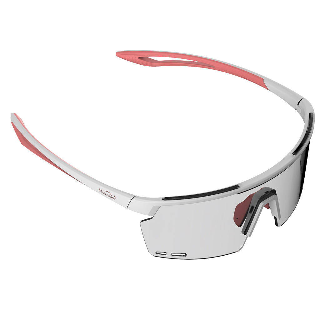 Magicshine Rouler Photochromic performance eyewear in White/Pink, designed with strategically placed vents to prevent fogging during intense activity.