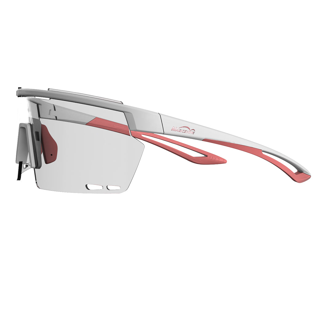 Side view of Magicshine Rouler Photochromic sports glasses in White/Pink, emphasizing the robust TR90 frame and ergonomic design for consistent stability.