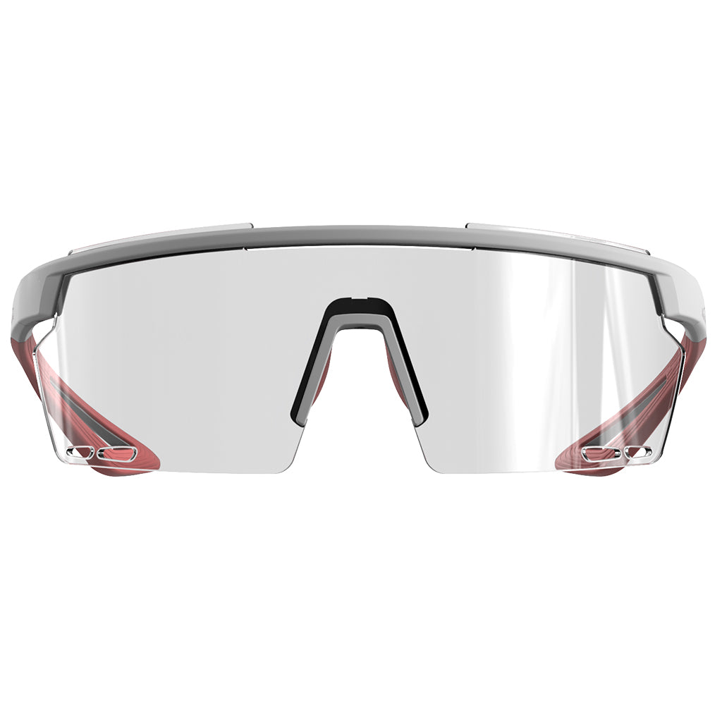 Close-up of Magicshine Rouler Photochromic cycling sunglasses in White/Pink, highlighting anti-slip nose pads and temple tips for a secure, comfortable fit.