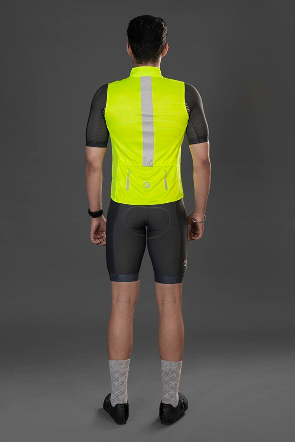 Man wearing Neon colored Gilet Sleeveless Cycling Jacket - back view