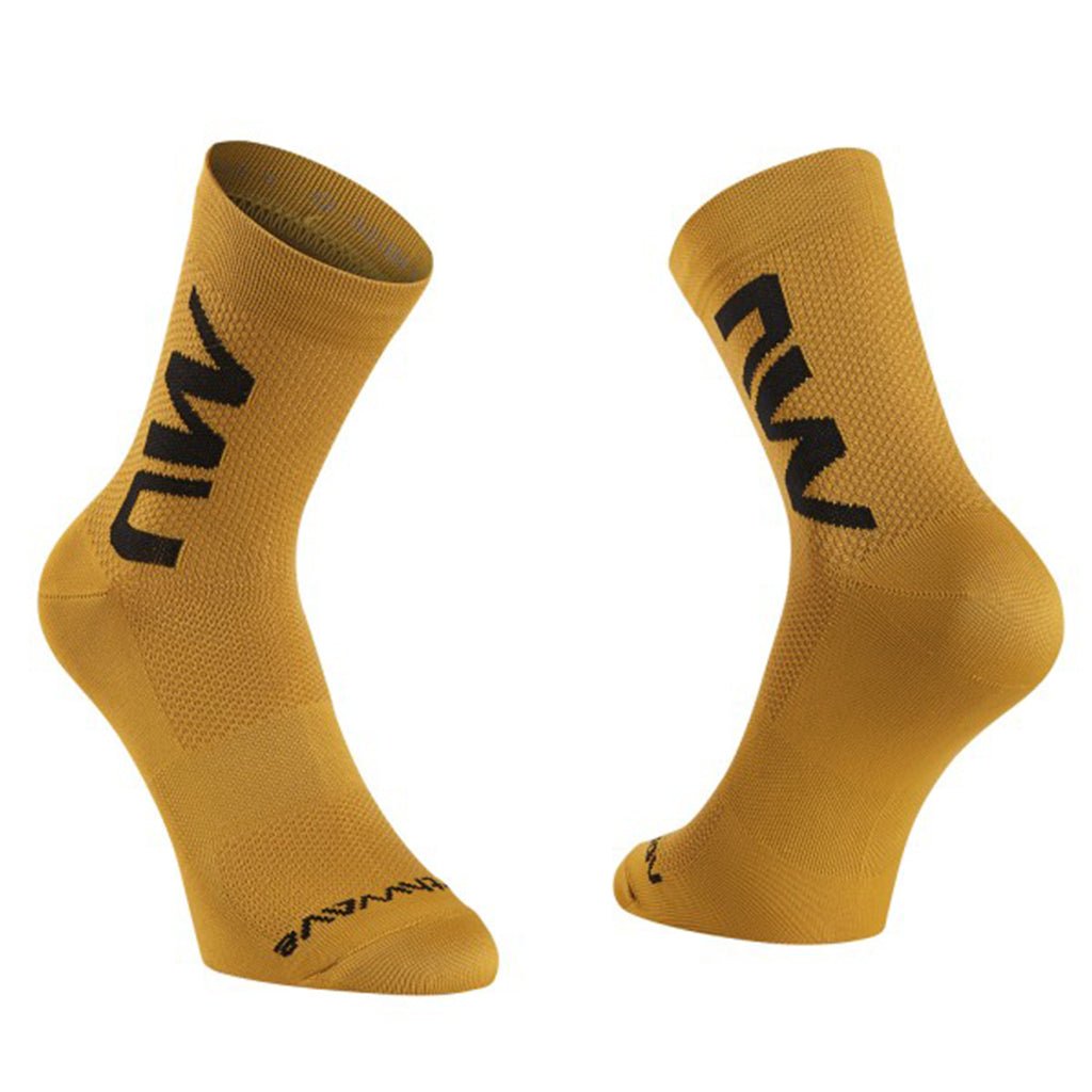 Two pairs of yellow socks from the Northwave Extreme Air Mid collection in ochre color