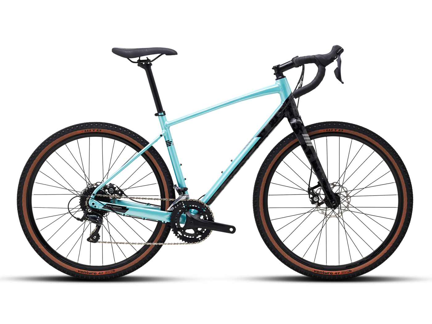 Light blue and black Polygon Bend R2 gravel bike with drop handlebars and brown-sidewall WTB Venture tires.