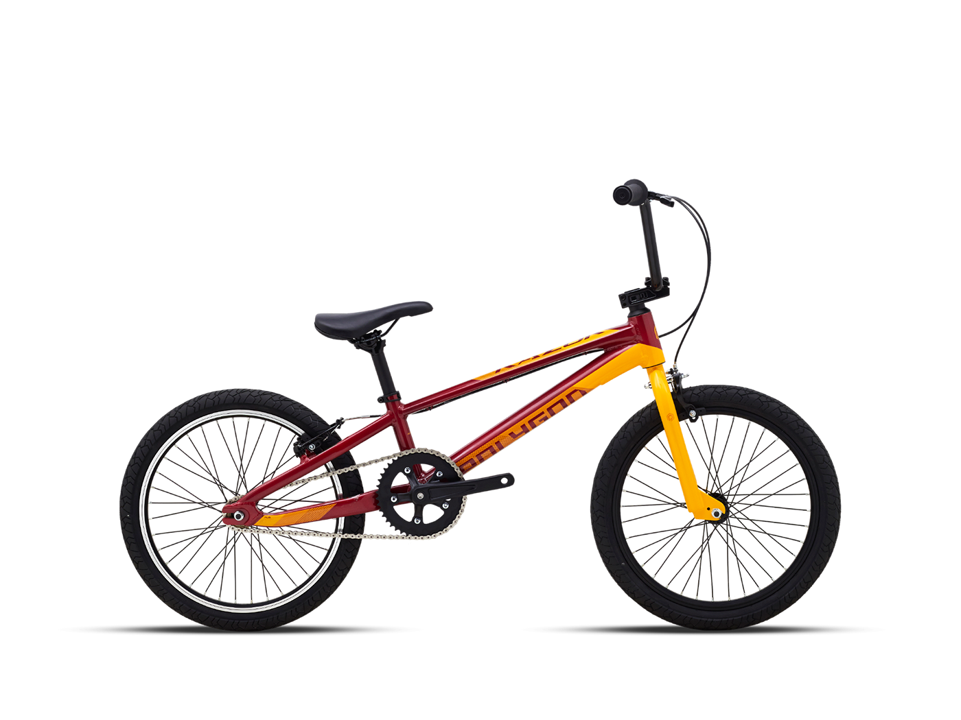Side profile of a Polygon Razor BMX bike in a vibrant red and yellow color scheme, featuring a durable frame and 20-inch wheels, set against a light grey background.