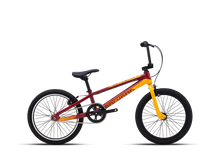 Side profile of a Polygon Razor BMX bike in a vibrant red and yellow color scheme, featuring a durable frame and 20-inch wheels, set against a light grey background.