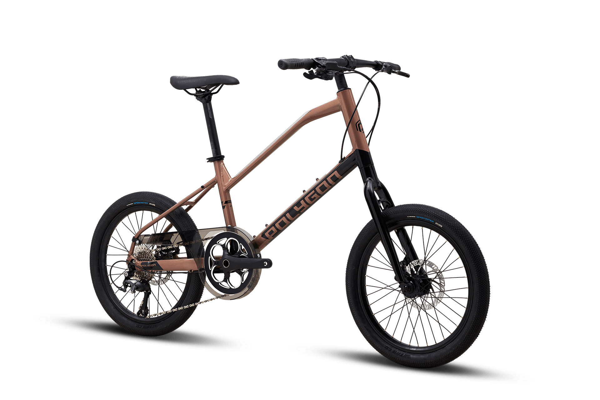 Side view of a Polygon Zeta 2 city bike in a metallic bronze finish, featuring disc brakes.
