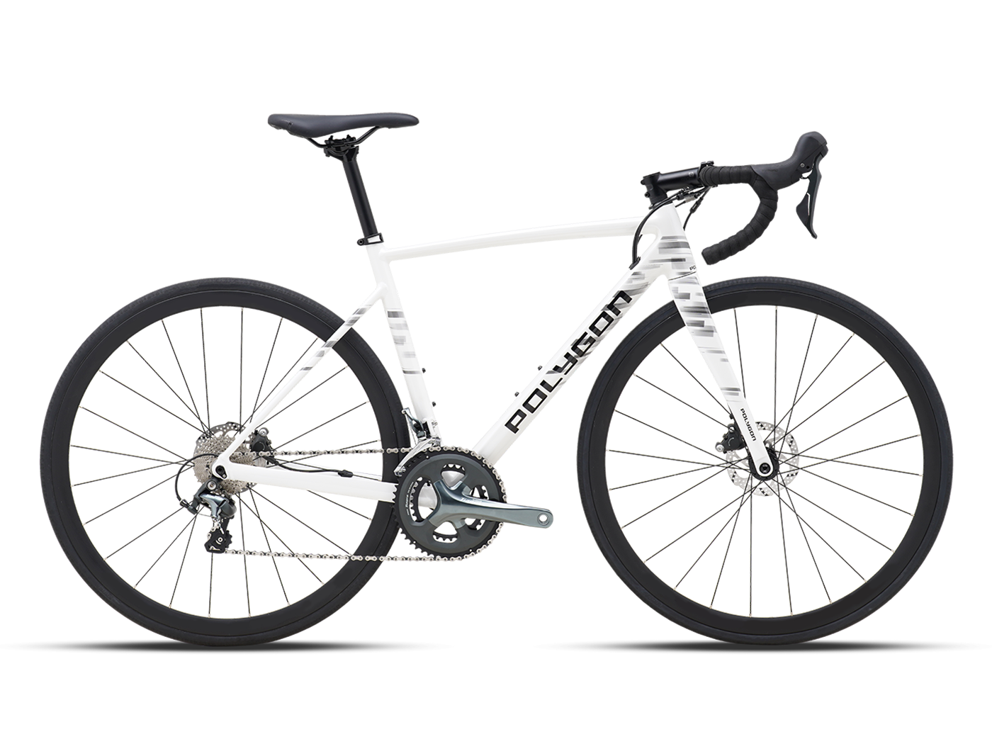 Side view of a white Polygon Strattos S4D road bike with black handlebars and seat, against a plain light background.