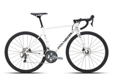 Side view of a white Polygon Strattos S4D road bike with black handlebars and seat, against a plain light background.