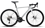 A clean, side-on shot of a white Polygon Strattos S5 Disc road bike, highlighting its aerodynamic frame and components.