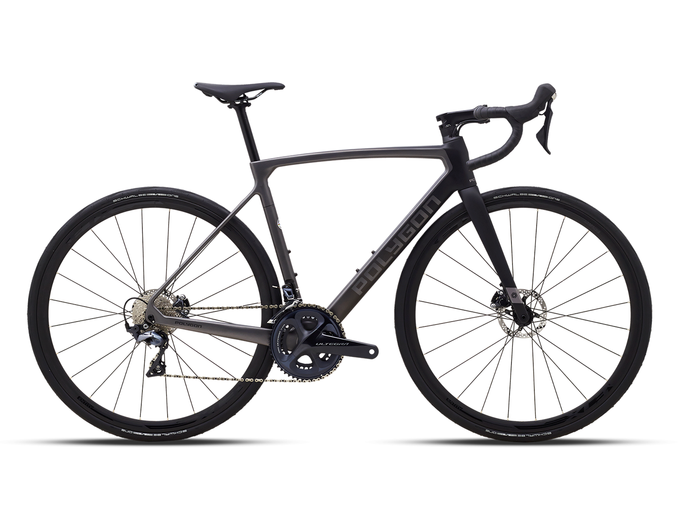 A full shot of the Polygon Strattos S8D, a performance road bike with a black frame.