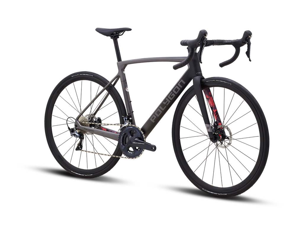 Detail of the Polygon Strattos S8D's frame, showcasing its black finish and sleek lines.