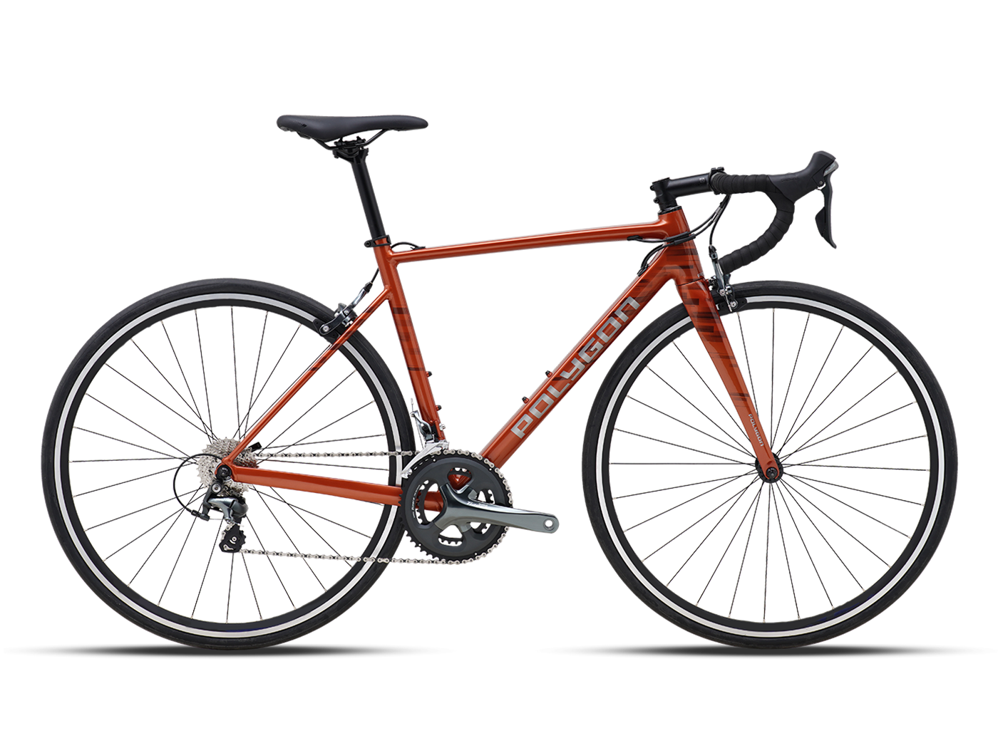 Full-side view of a burnt orange Polygon Strattos S4 road bike with black handlebars and seat, against a plain light background.