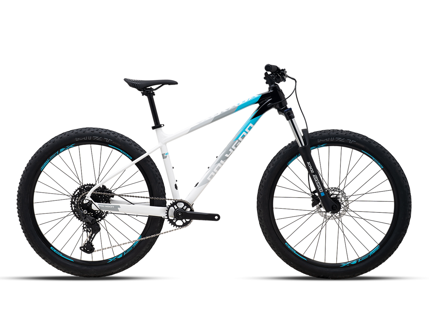 Polygon Xtrada 5 mountain bike with white, blue, and black accents.