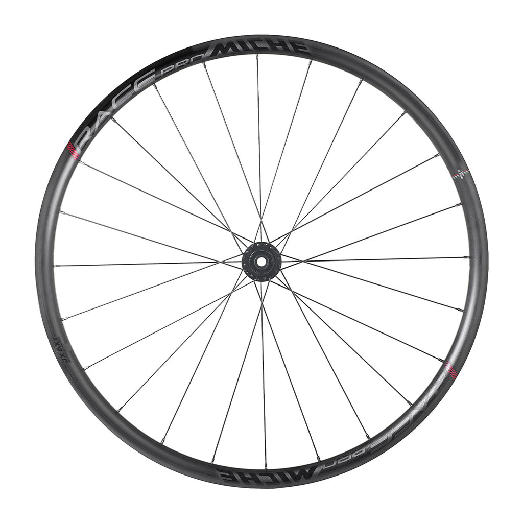  Close-up of a black bicycle wheel with a vibrant red center, showcasing the MICHE RACE PRO DX Road Wheels design.
