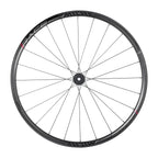  Close-up of a black bicycle wheel with a vibrant red center, showcasing the MICHE RACE PRO DX Road Wheels design.
