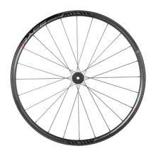  Close-up of a black bicycle wheel with a vibrant red center, showcasing the MICHE RACE PRO DX Road Wheels design.
