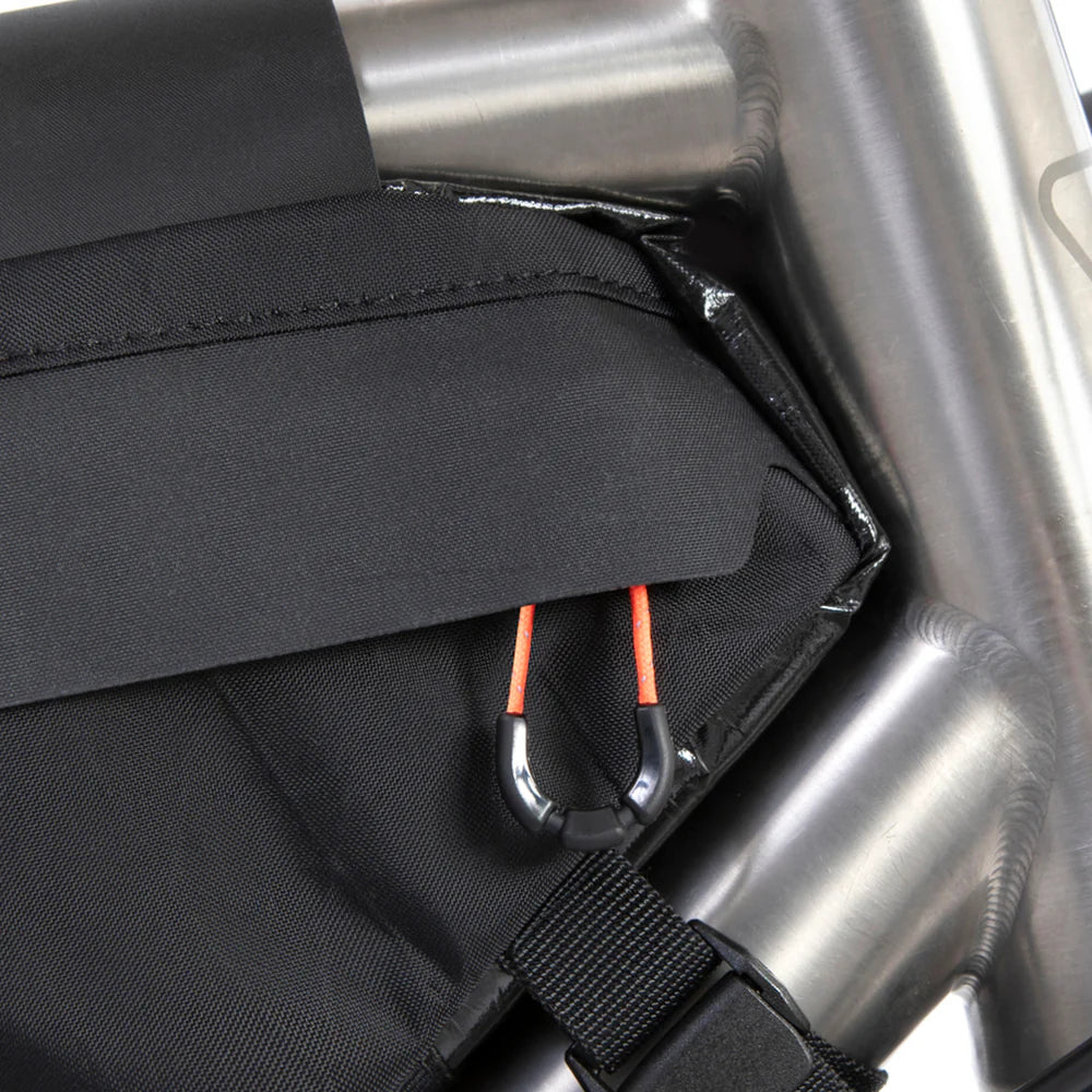 Large bikepacking frame bag with cable routing for dynamo devices