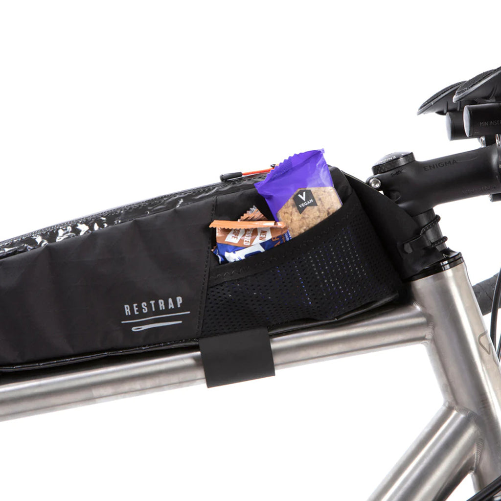 Cycling top tube bag with stretch mesh side pocket