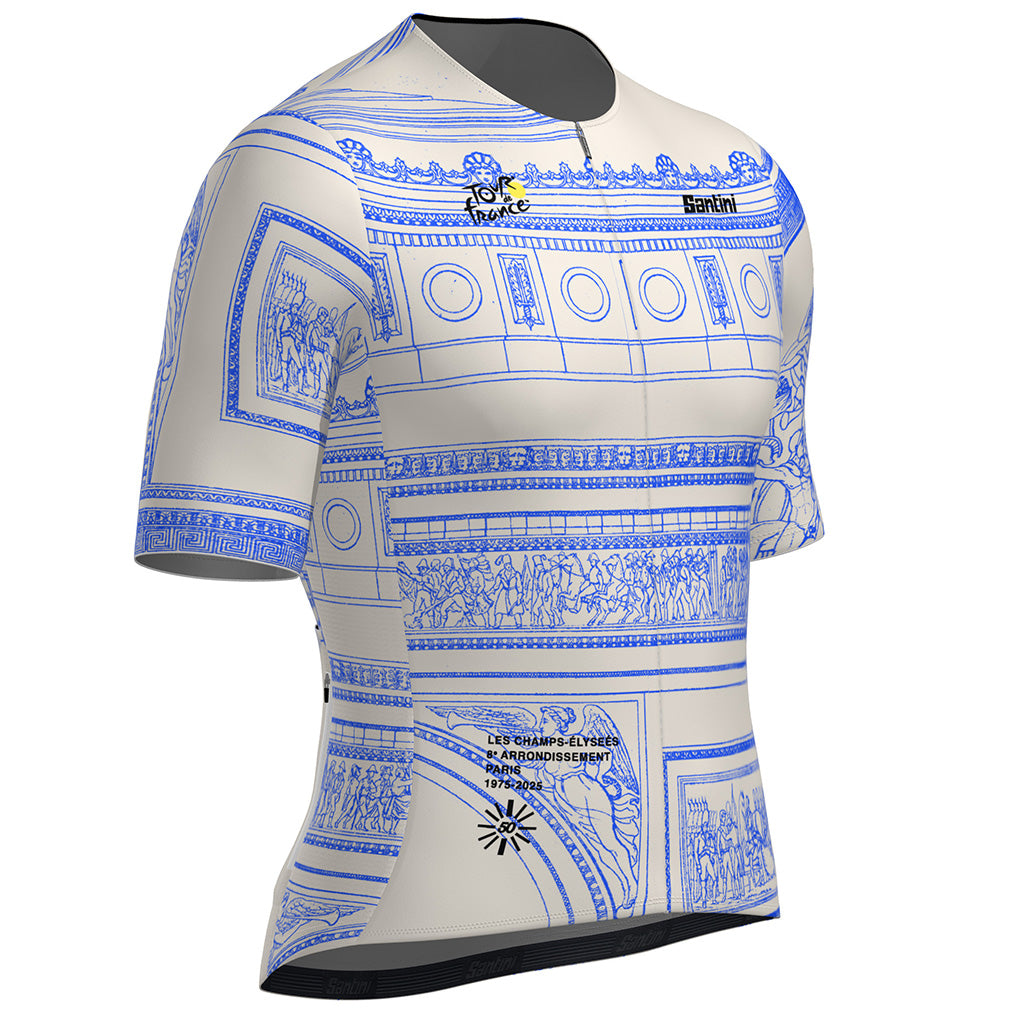 Detail of Arc de Triomphe design on Santini Tour de France 2025 Polartec Cycling Jersey in white.