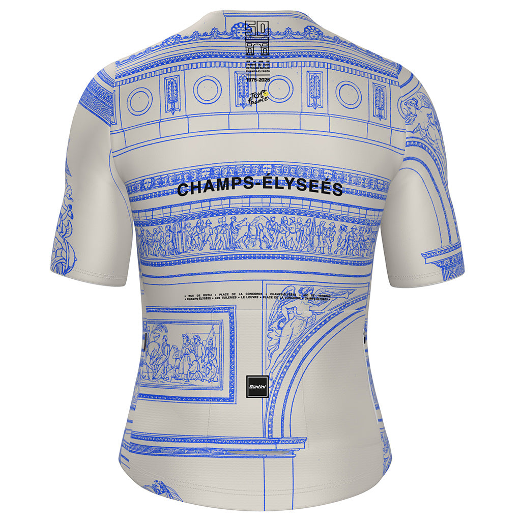 Santini Tour de France Special Edition Arrivée Cycling Jersey in white with reflective details and rear pockets.