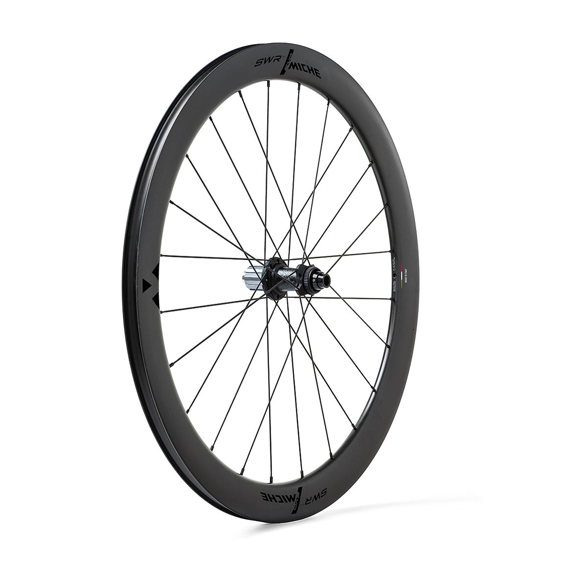 Close-up of a black MICHE SWR EVO 50 bicycle wheel on a white backdrop.