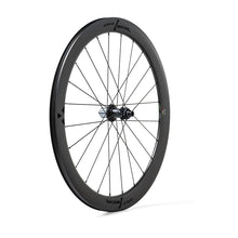 Close-up of a black MICHE SWR EVO 50 bicycle wheel on a white backdrop.