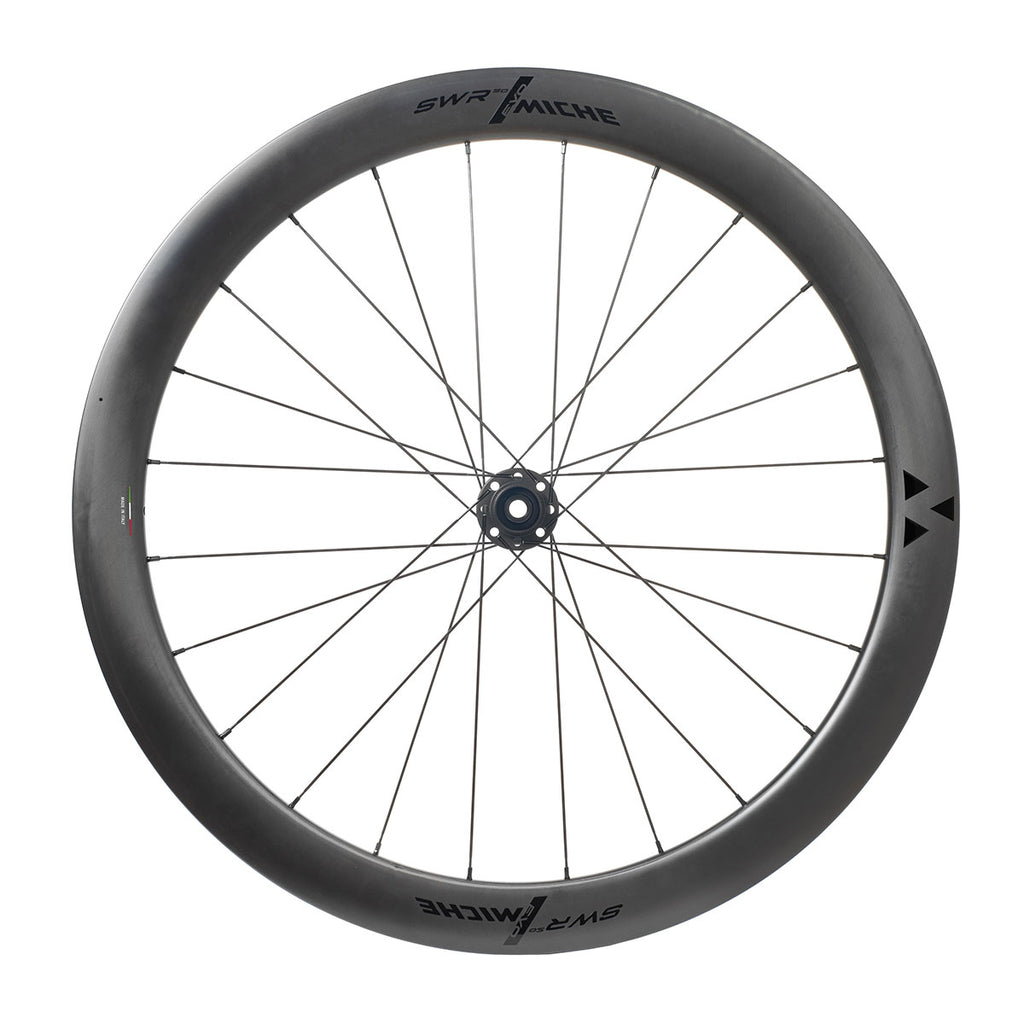 A black MICHE SWR EVO 50 bicycle wheel set against a clean white background.