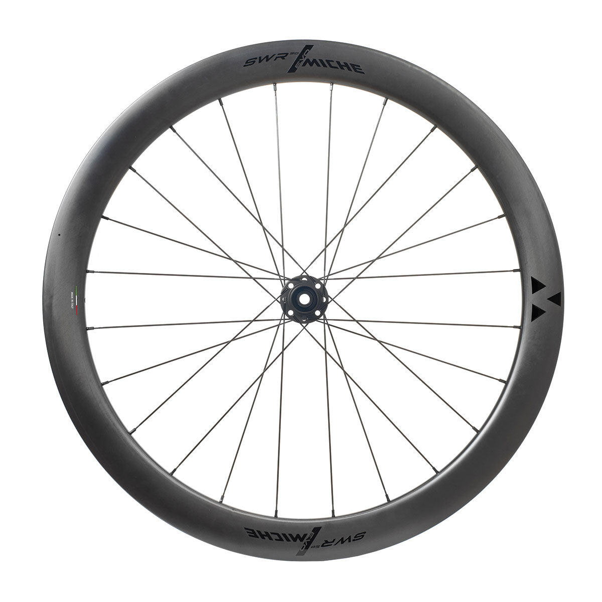 A black MICHE SWR EVO 50 bicycle wheel set against a clean white background.