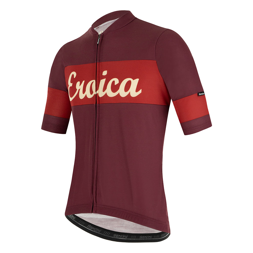 Front view of Santini Eroica Ruby Wool Jersey Bordeaux with covered zipper and chest inserts
