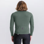 Cyclist wearing Santini Impetus Military Green long sleeve jersey with triple back pockets