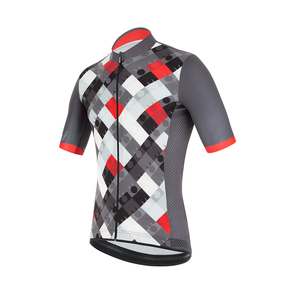 Side profile of the Santini VIS jersey highlighting breathable mesh side panels and Italian-made performance fabric designed for road cycling comfort and ventilation.