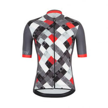 Santini VIS cycling jersey front view showcasing slim fit design, high-visibility geometric pattern, and lightweight Italian performance fabric for road cycling.


