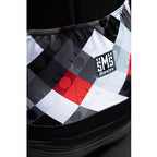 Close-up of the Santini jersey’s gripped elastic hem and Industry aero fabric sleeves, demonstrating how the jersey stays in place and supports aerodynamic performance.