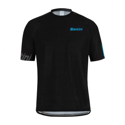 abrasion-resistant Santini MTB Sasso jersey for men in black and turquoise, lightweight mountain biking jersey with extended back coverage for trail rides