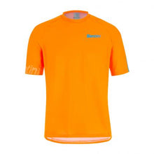 abrasion-resistant MTB cycling jersey with breathable fabric and extended back coverage in flashy orange for trail riding