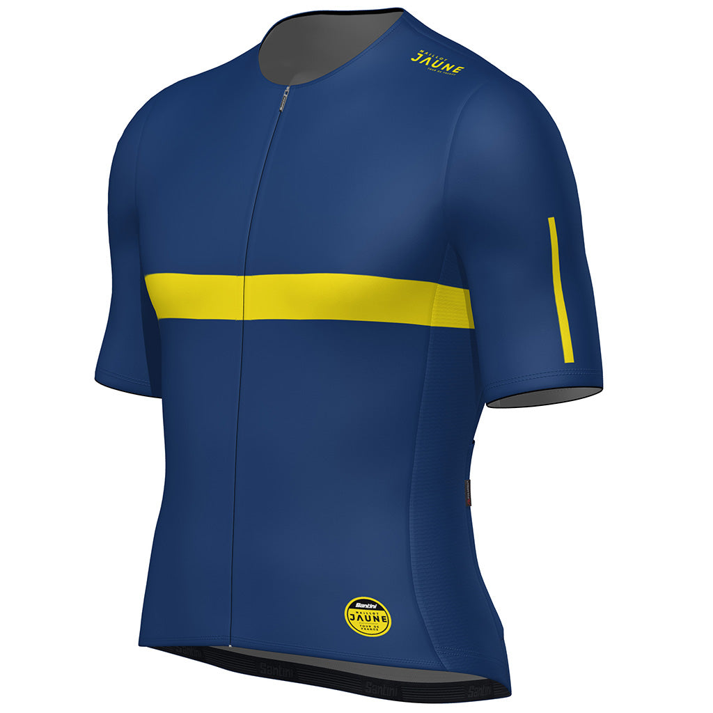 Side profile of Santini jersey showing raw-cut sleeves and Polartec material

