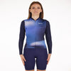 Santini Ombra Eco Sleek Long Sleeve Jersey in blue, full front view, showcasing its tight, aerodynamic fit and UPF 50+ sun protection.

