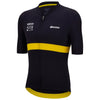 Close-up of the Santini Pirelli Sport Club jersey's raw-cut sleeves and Pirelli yellow stripe detail.
