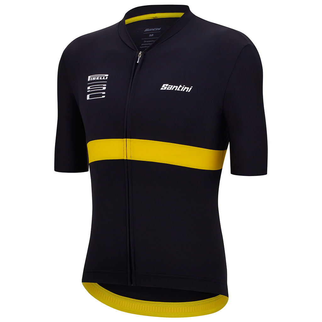 Close-up of the Santini Pirelli Sport Club jersey's raw-cut sleeves and Pirelli yellow stripe detail.