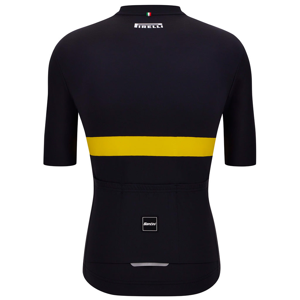  Rear view of the Santini Pirelli Sport Club black jersey, detailing the triple back pocket and gray reflective accent.