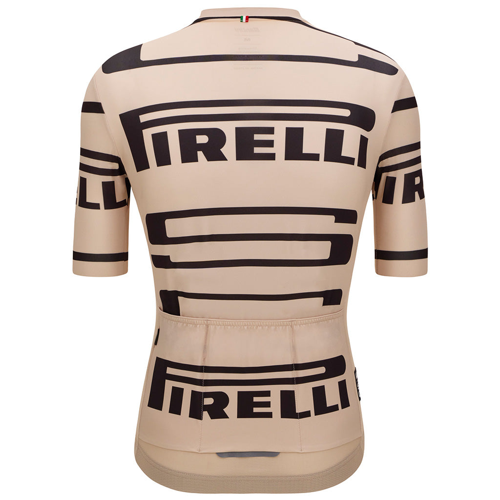 Rear view of the Santini Pirelli Sport Club beige jersey, detailing the triple back pocket and gray reflective accent for visibility