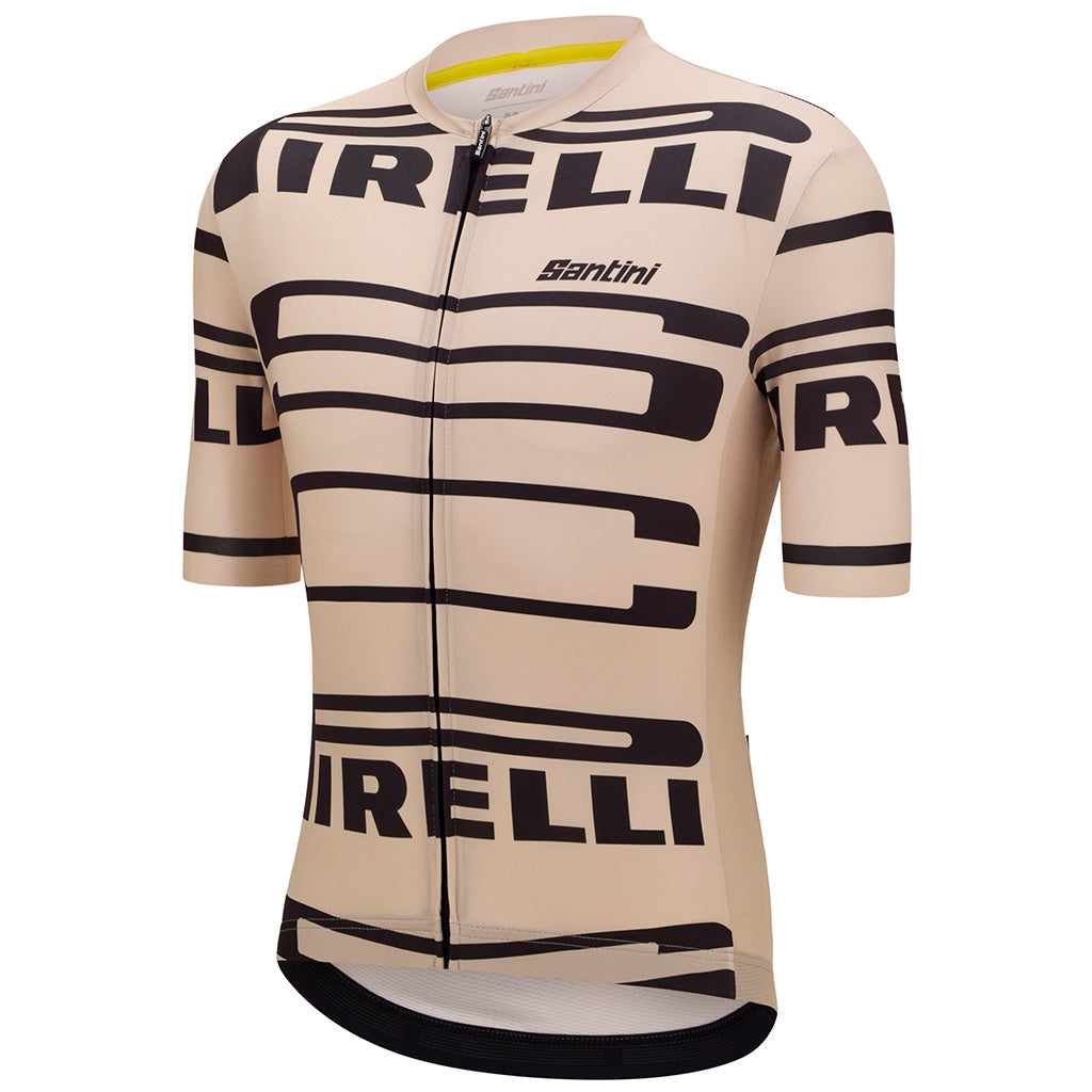 Close-up of the Santini Pirelli Sport Club beige jersey's Polartec® Power Stretch® fabric, emphasizing its breathability and comfortable feel.

