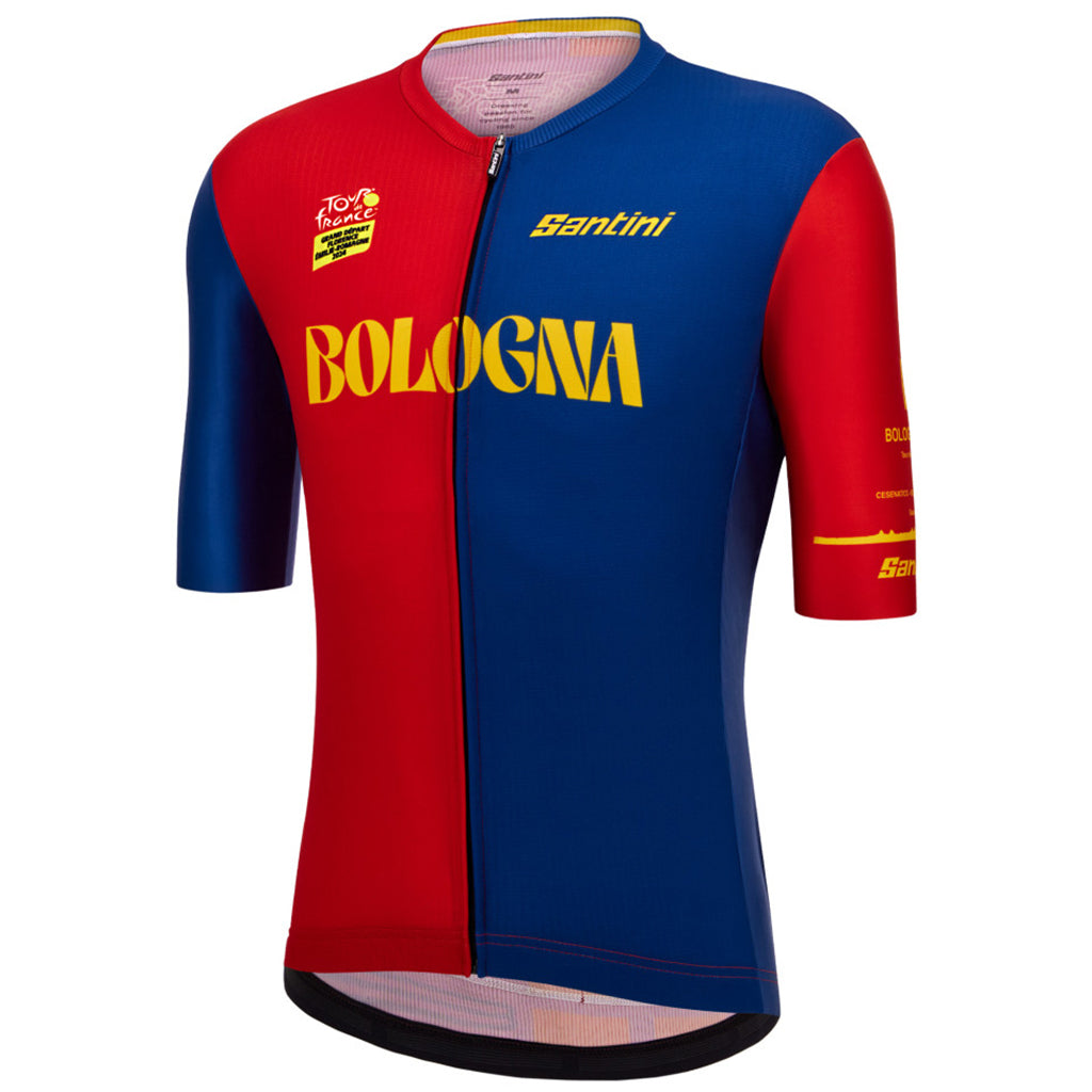 Front view of Santini Bologna jersey with city-inspired graphics

