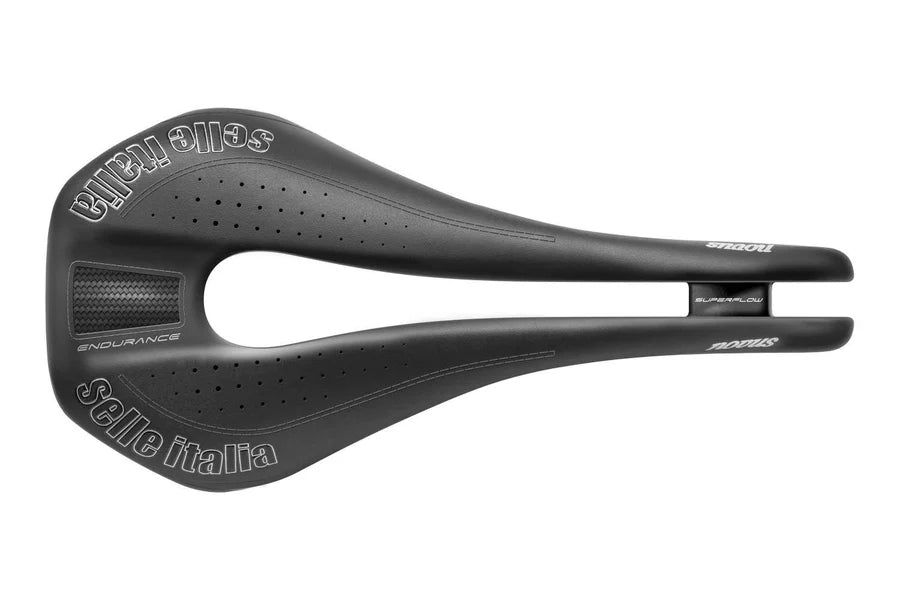 op-down view of the Novus Endurance saddle, highlighting the elongated SuperFlow cutout and padded design.